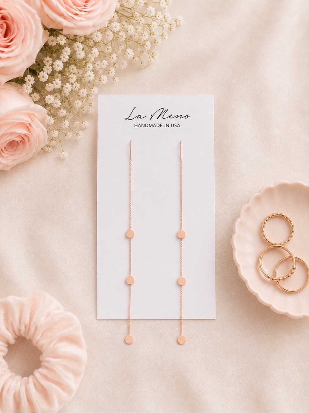 NWT La Meno Rose Gold Small Round Flat Disc Dangle Drop Earrings